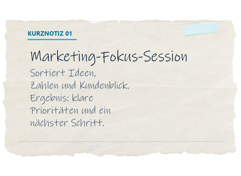 Kurznotiz: Die Marketing-Fokus-Session sortiert Ideen, Zahlen und Kundenblick. Ergebnis: klare Prioritäten und ein nächster Schritt.